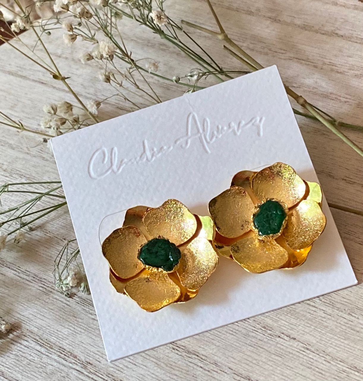 Flower + Raw Emerald Earrings